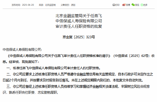 众豪配资 任燕飞获准担任中信保诚人寿审计责任人